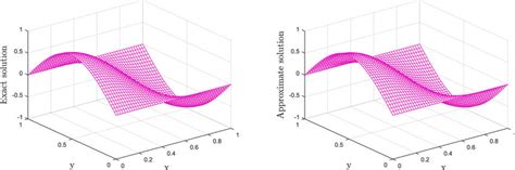 Example 3, (left) exact solution and (right) numerical solution ...