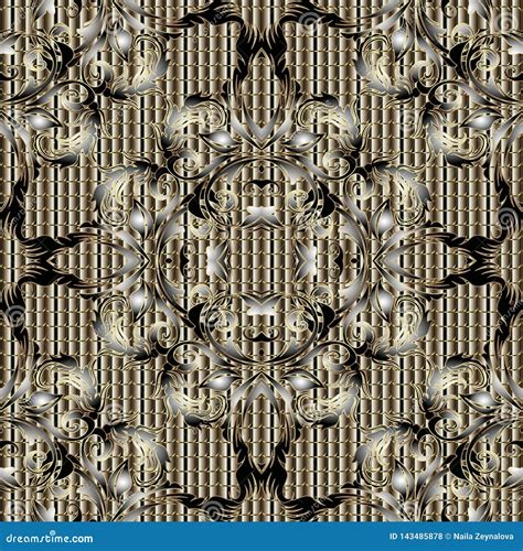 Baroque Textured Gold 3d Vector Seamless Pattern Ornamental Striped