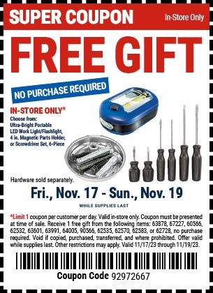 FREE GIFT — NO PURCHASE REQUIRED! Now Thru 11/19 – Harbor Freight Coupons