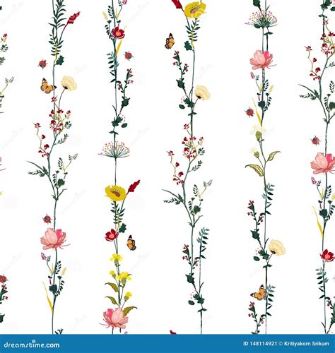 Stripe Vertical Row Garden Flower Botanical Seamless Pattern In Vector