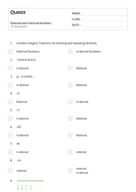 50 Irrational Numbers Worksheets For 8th Grade On Quizizz Free And Printable