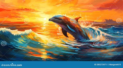 Watercolor Painting of a Dolphin in the Ocean Waves at Sunset . Stock ...