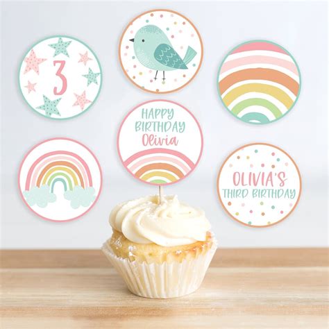 Editable Rainbow Cupcake Toppers Template Printable Modern Boho Rainbow