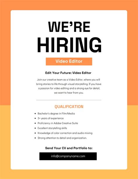 Orange Video Editor Hiring Poster Venngage