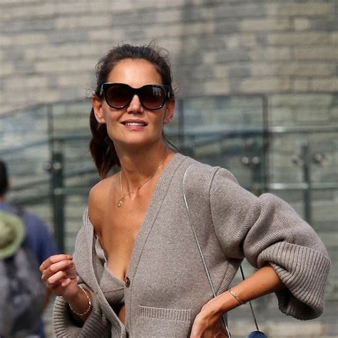 Katie Holmes Wears A Sheer Navy Polka Dotted Blouse While Out In New