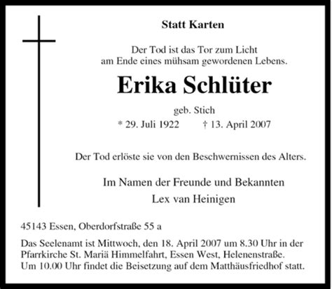 Traueranzeigen Von Erika Schl Ter Trauer In Nrw De