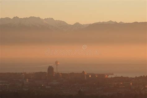 Hazy Or Smoky Sunset Over The South Of Vancouver Island With The