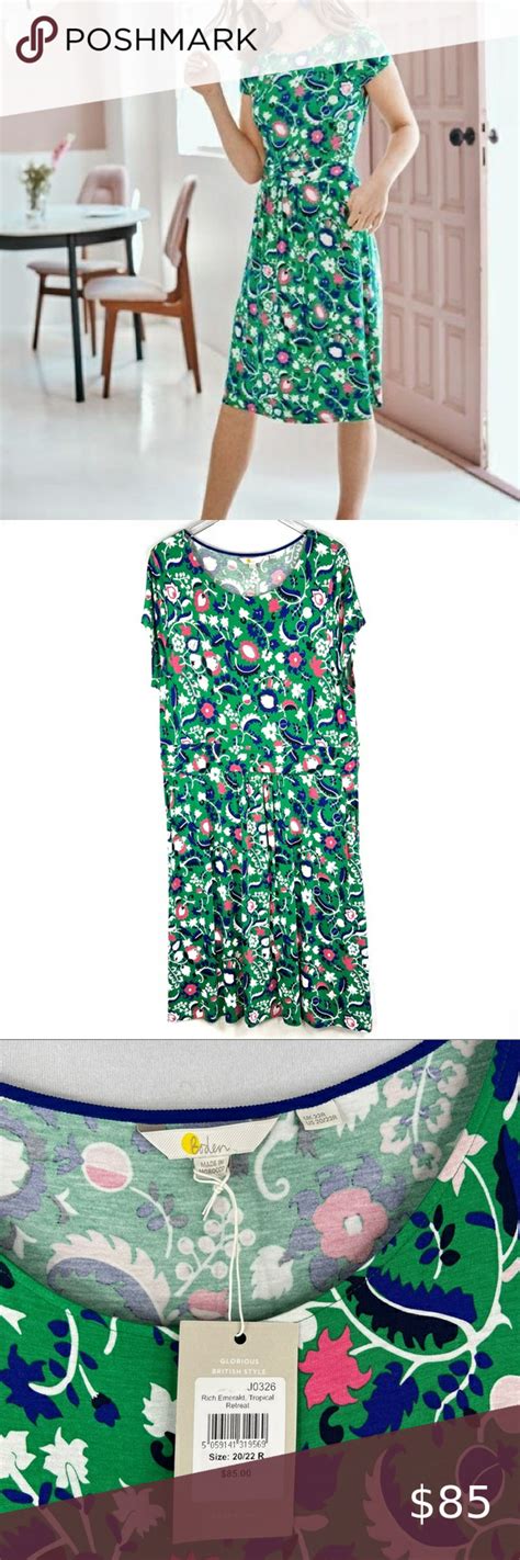 Boden Amelie Jersey Dress Rich Emerald Tropical Retreat Green Floral Midi Dress Jersey Dress