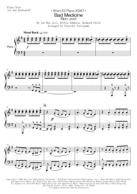 Bad Medicine Arr Tsuyoshi Yoroiguma By Bon Jovi Sheet Music For Easy