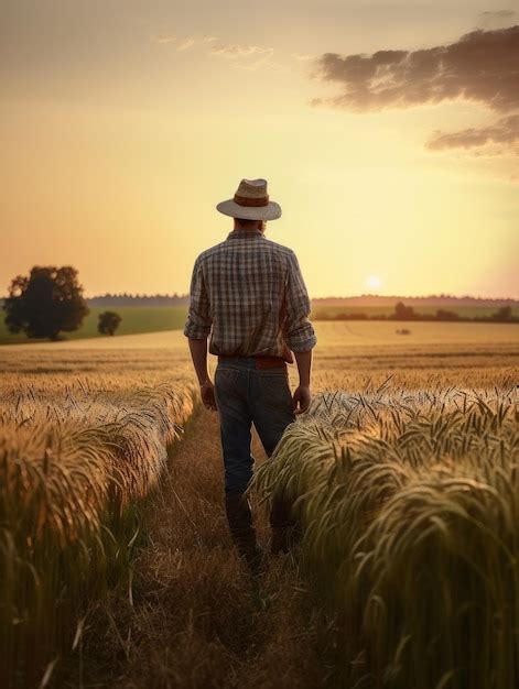 Vista Posterior De Un Agricultor De Mediana Edad Parado En El Campo