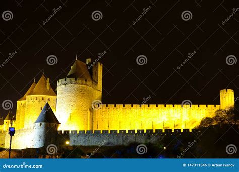 Night View of Fortress Wall and Towers of the Carcassonne Castle ...