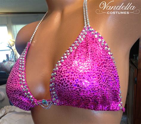 Hot Pink Bikini Womes Physique Competition Suit Rhinestone Connectors