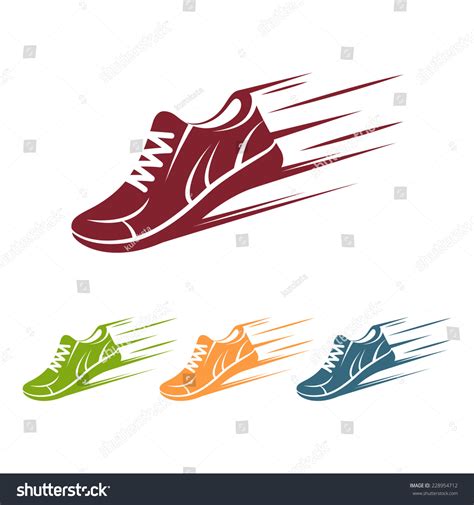 Speeding Running Shoe Icons In Four Color Variations With A Trainer