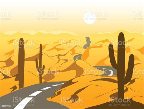 Ilustración De Hermoso Paisaje Desértico Con Carretera Asfaltada Y Cactus Ilustración Vectorial