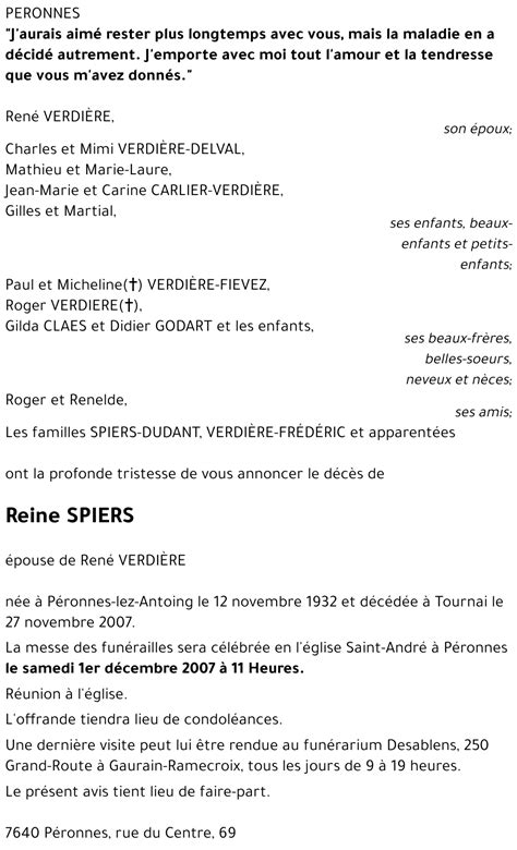 Avis De Décès De Reine Spiers Décédé Le 27 11 2007 à Tournai Annonce