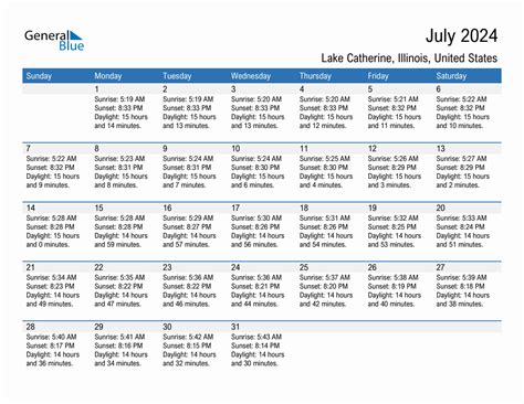 July Sunrise And Sunset Calendar For Lake Catherine Pdf Excel Word