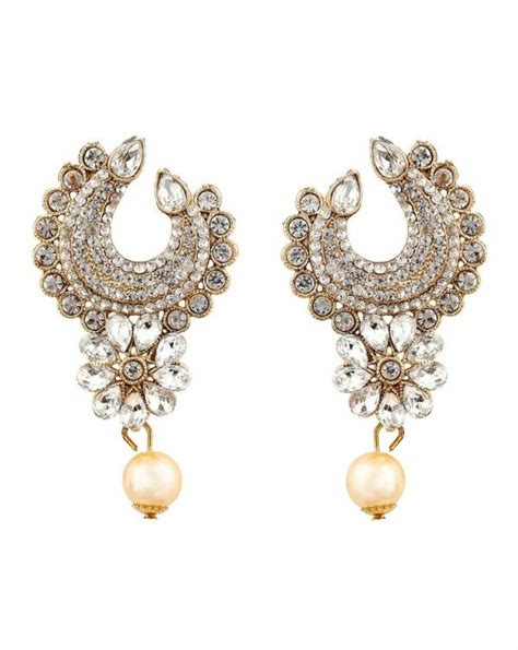 Kord Store Elegant Designer White Stone Gold Plated Chand Bali Earring