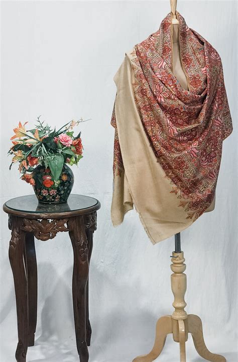 Beige Pure Pashmina Shawl With Papier Mache Jama Hand Embroidery