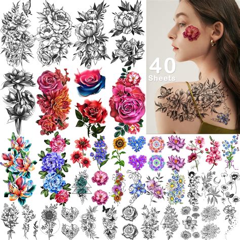 Yazhiji Large Color Rose 40 Sheets Temporary Tattoos For Women