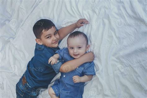 Happy Childhood Concept Happy Brothers Portrait 6 Years And 6 Months