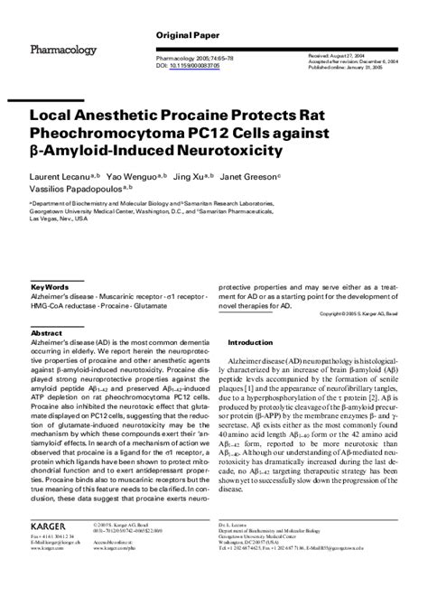 Pdf Local Anesthetic Procaine Protects Rat Pheochromocytoma Pc12