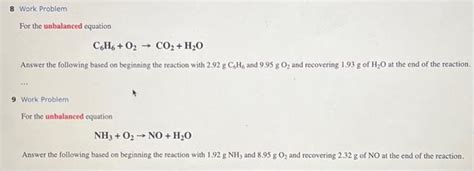 Solved 8 Work Problem For the unbalanced equation | Chegg.com