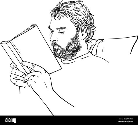 Sketch Of Man With Beard Is Reading Book Hand Drawn Vector Linear