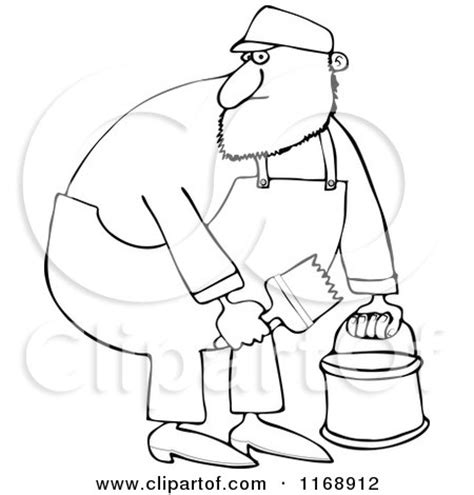 Cartoon Of An Outlined Painter Man Holding A Bucket And Brush Royalty