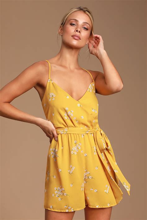 Chic Yellow Romper Surplice Romper Floral Print Romper Lulus