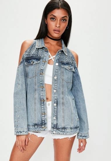 Missguided Blue Studded Cold Shoulder Denim Jacket Stud Embellished