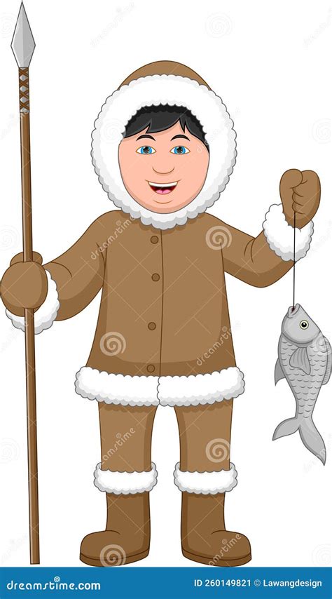 Cartoon Cute Eskimo Boy Catching Fish With A Spear Stock Vector