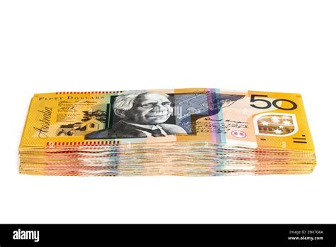 Stack Of Australian Money Fifty Dollar Bills Side View Isolated On