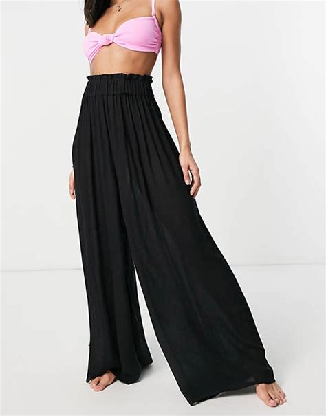 Asos Design Crinkle Wide Leg Palazzo Beach Pants In Black Asos