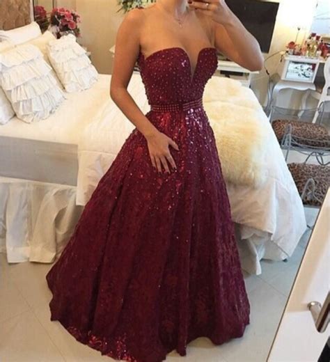 Fashion Burgundy Lace Beaded Prom Dress With Sequins On Luulla