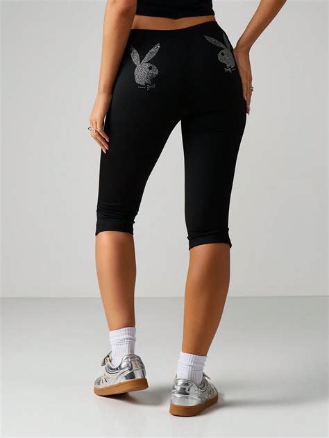 Missguided x Playboy Rhinestone Bunny Capri Leggings With Sparkle