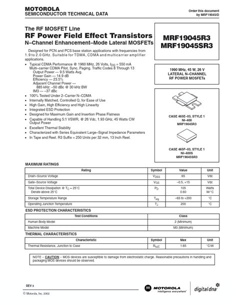 MRF19045R3 TRANSISTORS Datasheet Distribuidor Stock Y Mejor Precio