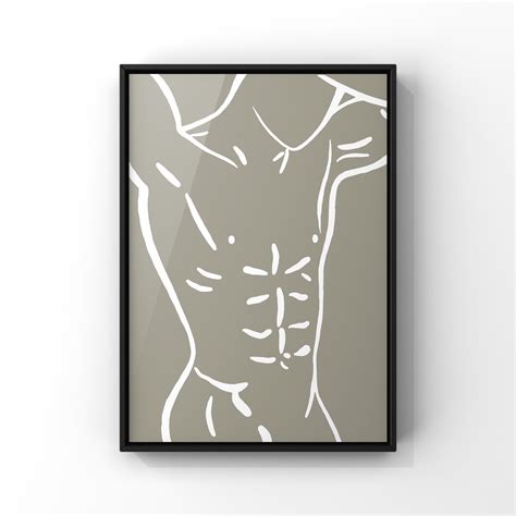 Grey And White Male Torso Nude Line Art Print Abstract Upper Body Wall