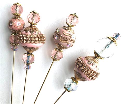 Victorian Style Six Inch Hat Pins Crystal Faux Pearls Gold Indonesian