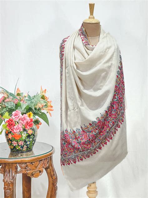 Natural White Pure Pashmina Shawl With Papier Mache Hand Embroidery