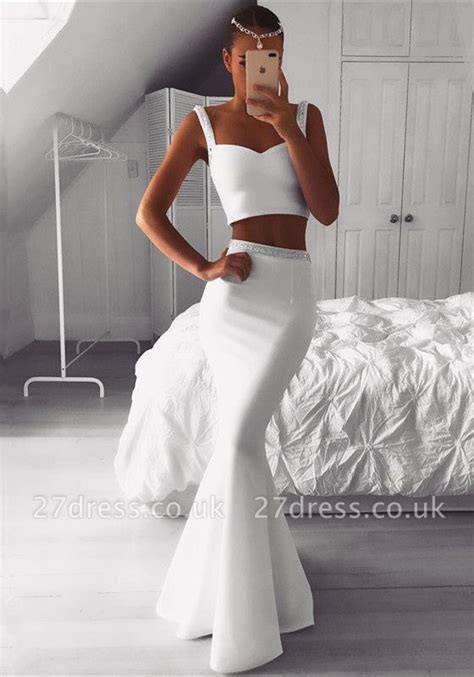 Luxury Two Pieces White Prom Dress Uk Mermaid Beadings Evening Gowns