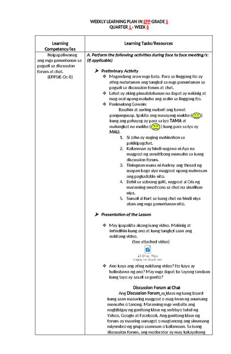 WLP In EPP 5 Q1 Week 6 Weekly Learning PLan WEEKLY LEARNING PLAN IN