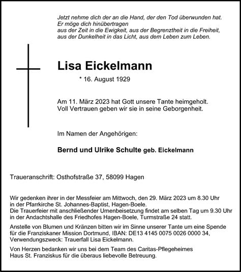 Traueranzeigen Von Lisa Eickelmann Trauer In NRW De