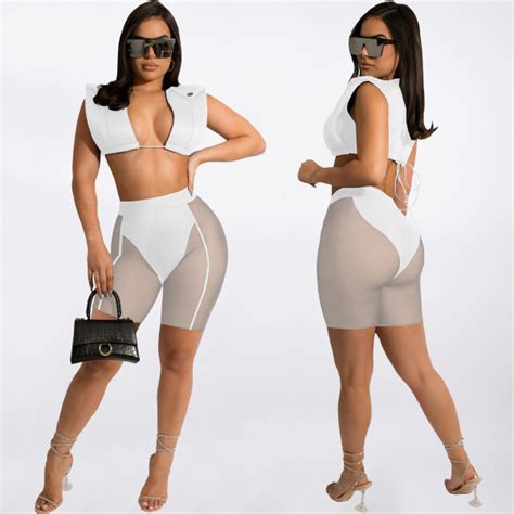 White Sexy Sleeveless Crop Top Mesh Shorts 2 Piece Sets