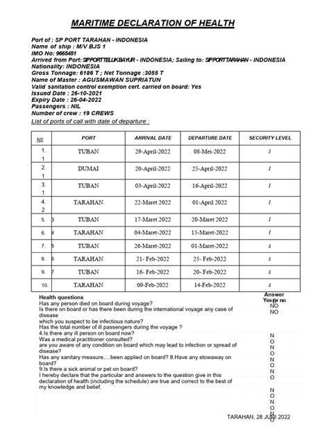 Maritime Declaration Of Health List Of Ports Of Call With Date Of Departure Pdf Water