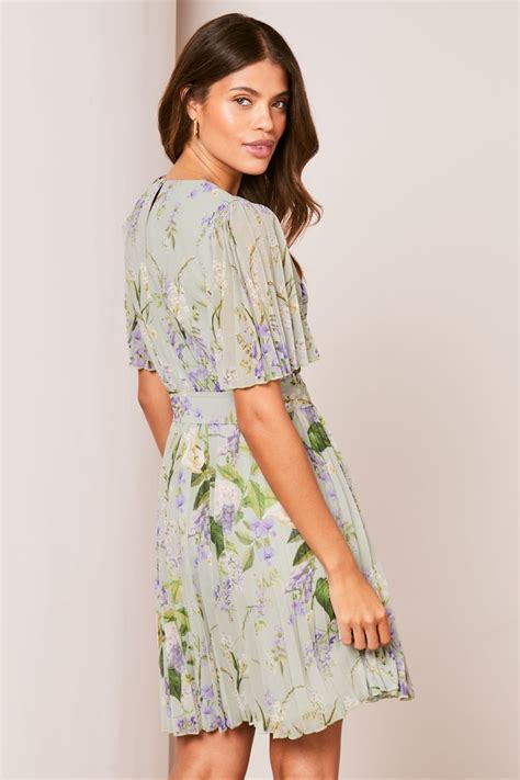 Buy Lipsy Green Floral Print Short Flutter Sleeve Pleated Mini Dress