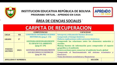 CARPETA DE RECUPERACION DE CIENCIAS SOCIALES 5TO AÑO CCSS CICLO