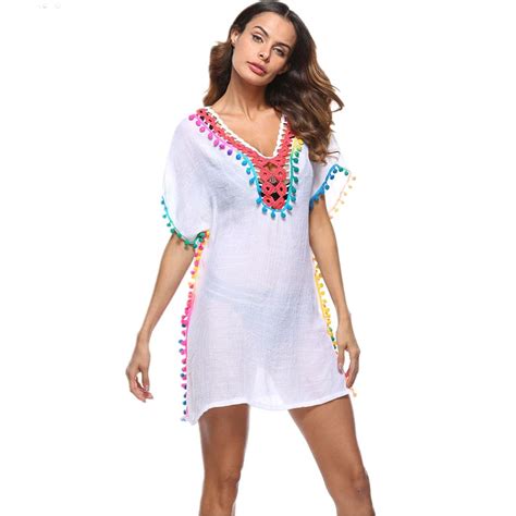 Nidalee 2019 Women Beach Cover Up Pom Pom Trim Kaftan Swimsuit Tunic