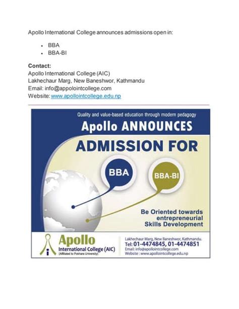 Apollo International College Calls For Admission In Bba And Bba Bi Pdf