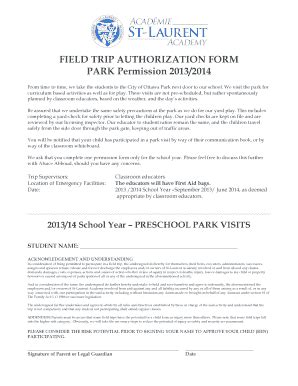 Fillable Online FIELD TRIP AUTHORIZATION FORM PARK Permission 2013 2014