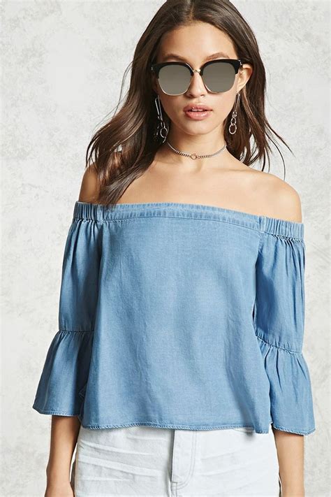 Forever 21 Contemporary A Chambray Top Featuring An Off The Shoulder